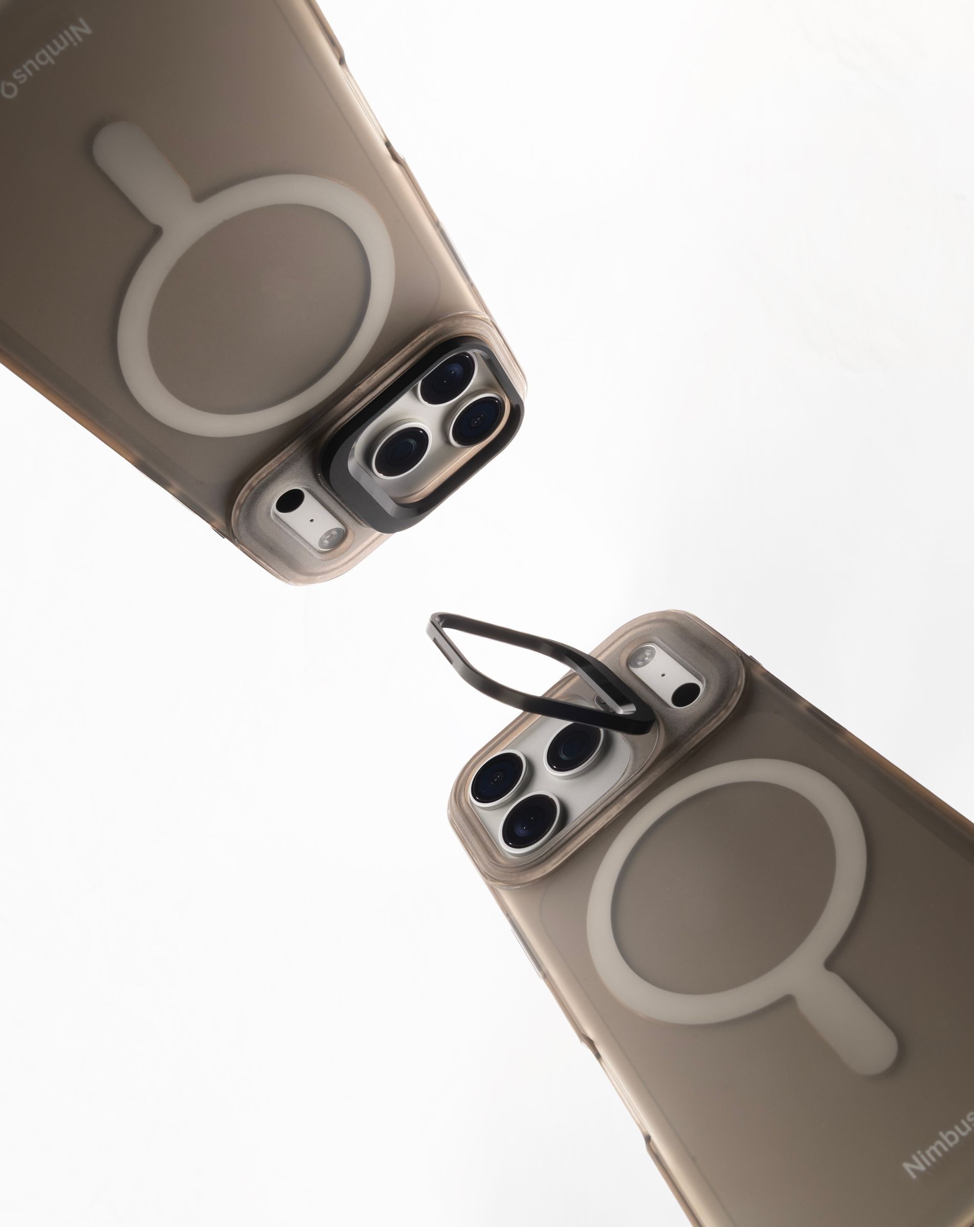 Angled close detail of a Stratus 2 case on a phone, camera cutout and magnet ring in frame